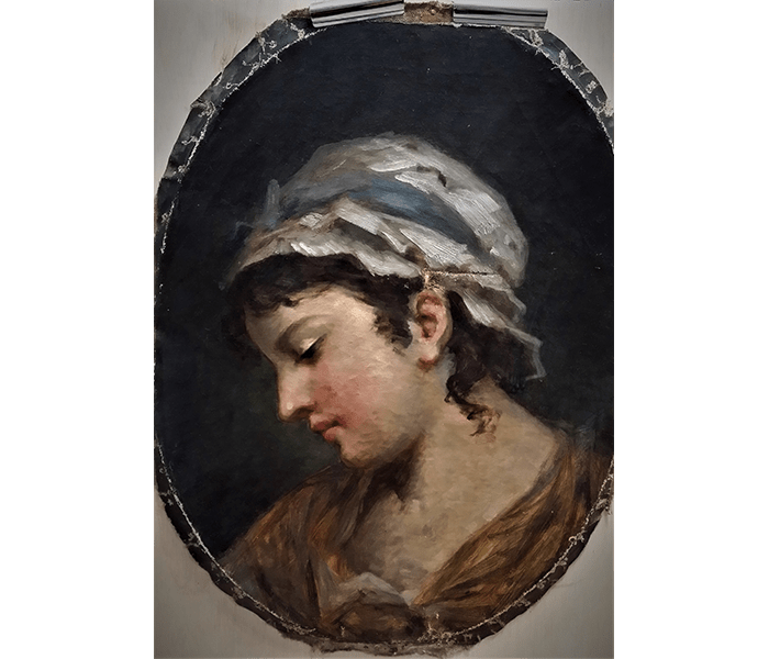 Restauration--Portrait-ovale-de-femme-Huile-sur-toile-Avant-restauration